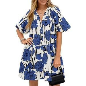 NWT Wenrine Button-Down Shirt Dress Floral Print Puff Sleeves Blue White Size S